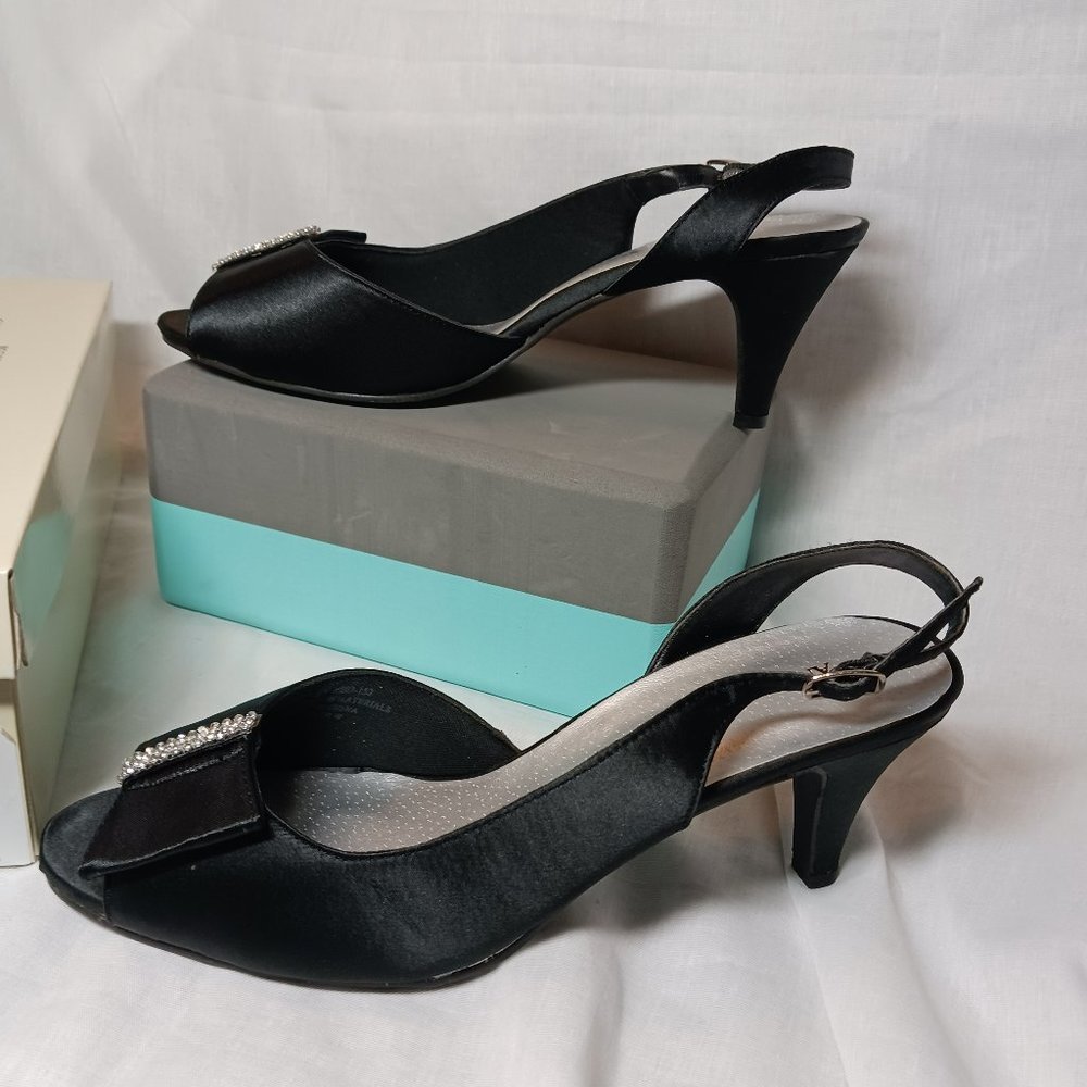 Annie Black Satin and Rhinestone Slingback Heels 11WW - Picture 3 of 8